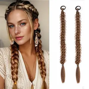 2Pcs Braided Ponytail Extensions with Hair Ties 24 Inch Soft Synthetic Hair Pieces Straight Wrap Around Hair Extensions Pony Tail Hairpieces Accessories for Women Daily Wear