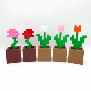 Pixelated Style Tulip & Rose Flower Pot – 3D Block Rose & Pink Blossom Desk Decor Gift Decorative Lightweight