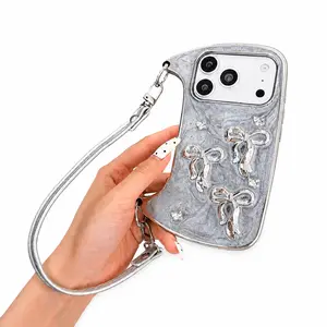 Silver Bow Phone Case for iPhone 17 Pro Max 16 15 14 13 Pro Max, with Wrist Strap, Shockproof Bumper Case, Fashion Handbag Style Case for Women Girls