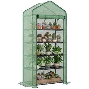 5 Tier Mini Greenhouse – Green. 5 Movable Shelves (22 lbs Each). Three-Layer PE Cover + Reinforcement Grid. Roll-Up Zippered Door. Steel Frame. 76" H x 35.4" L x 19.3" W