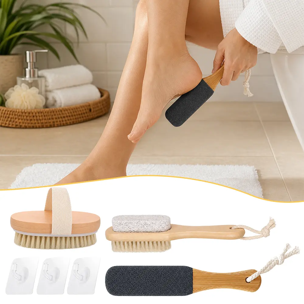 Natural Wooden Pedicure Care Kit, Ergonomic Foot Scrub Brushes, Reusable Exfoliating Foot Tool Set for Home Spa Salon Foot Beauty Treatment
