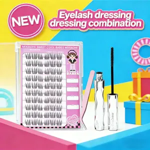Fake eyelash set! Self adhesive strip false eyelash 60 clusters+ thick and slender curling eye black+ tweezers, Japanese and Korean C-curling holiday eyelashes, novice false eyelashes with a length of 10mm-13mm Makeup