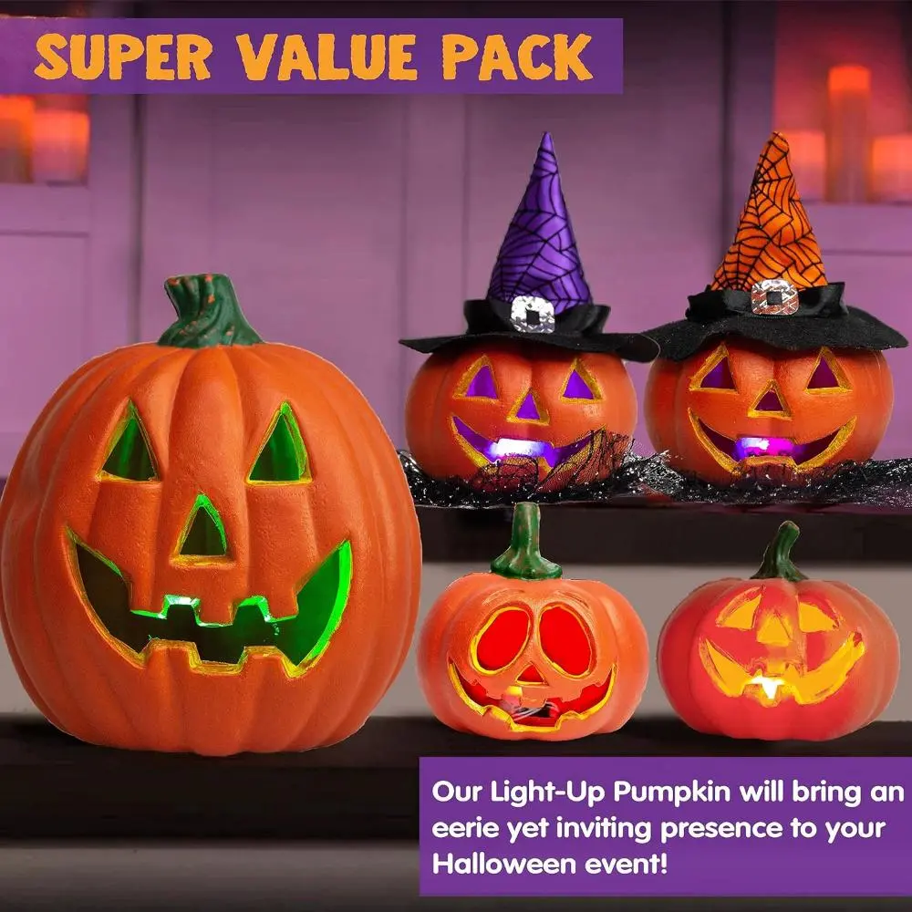 5 Packs Halloween Light up Jack-o’-Lantern Combo Set, Pumpkin Prop with LED Light Halloween Tabletop Decorations Props