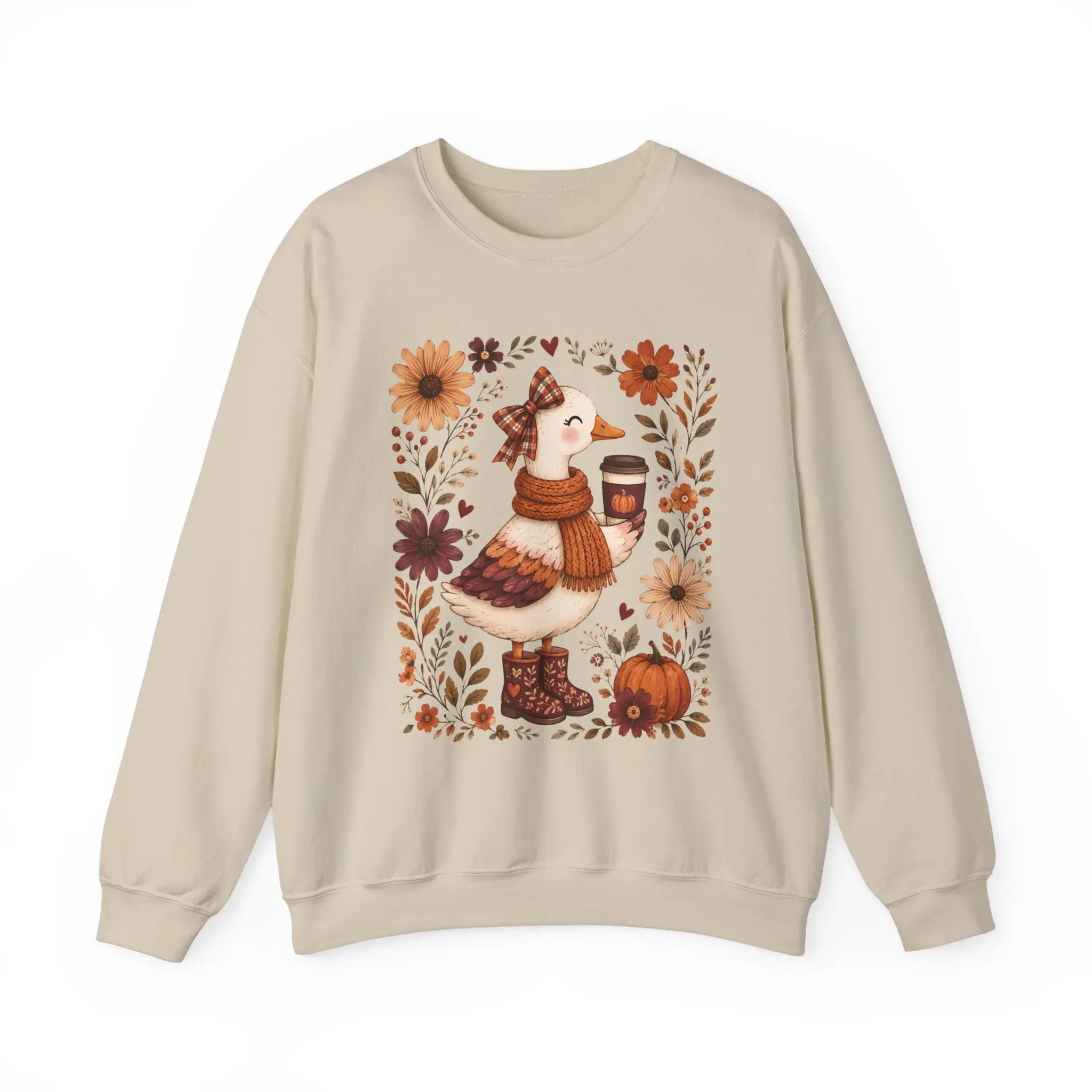 Men's Relaxed Fit Cotton-Poly Mix Crewneck Sweatshirt - Autumn-Fall Wear, Cozy Cold-Wash Fabric, Embroidery, Pumpkin Artwork, Illustrated Goose Graphic