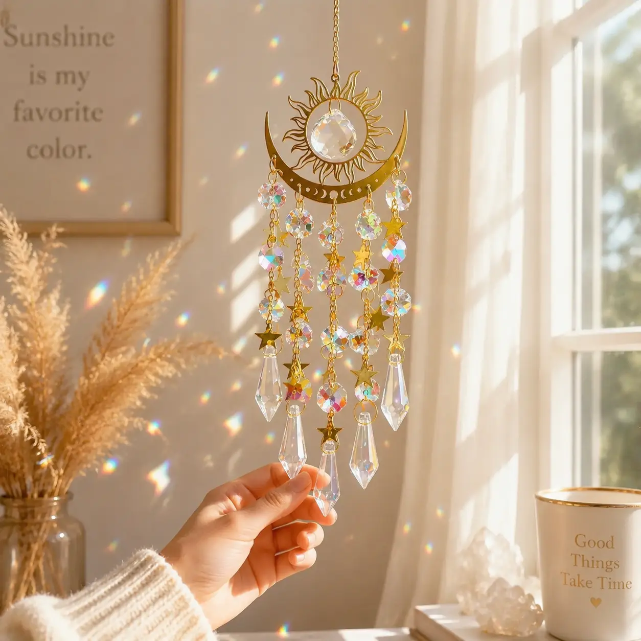 Sun Moon Crystal Suncatcher With Star Charms, Prism Rainbow Light Hanging Ornament, Long Chain Iridescent Glass Pendant for Window Curtain, Boho Indoor Wall‑hanging Home Aesthetic Decor