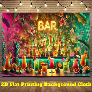 2D Flat, 1pc Tropical Bar Cocktail Party Backdrop Banner - Vibrant Neon "BAR" Sign with Palm Trees & Fruits, Durable Polyester Photography Background for Indoor/Outdoor Events, Birthdays, Live Streaming Decor, No Electricity Needed, Party Decoration |