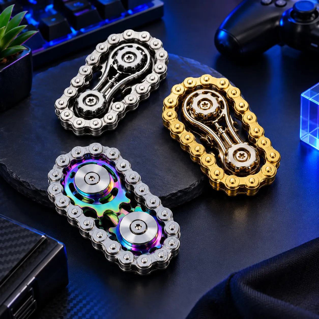 Unisex Rainbow Metal Gear-Link Bike Chain Fidget Spinner, Stress Relief Toy with Gear Chain, Fidgets for Anxiety ADHD Focus Toy for Kids Adults, Office Desk Gift