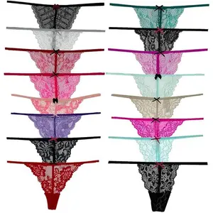 Pack of 6 Women Lacy G-String Thongs No Show Panties Sexy Underwear Assorted Lace Pattern and Colors