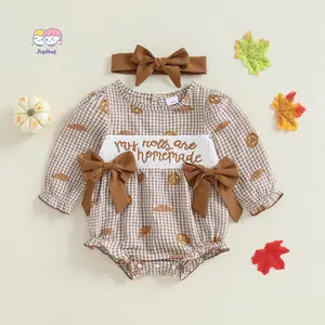 Baby Girl Thanksgiving Outfit Plaid Croissant Letter Embroidered Long Sleeve Romper and Headband 2 Piece Fall Set