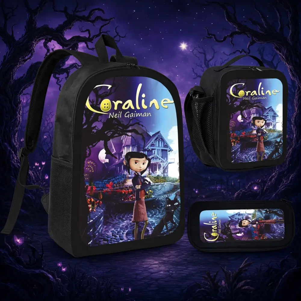 Coraline 3-Piece Backpack Set - 17in Teen Student Oxford Rucksack with Lunch Bag & Pencil Case, Mysterious Animation House-Scene Print, Dark Fantasy Themed Gift for Animation Fans