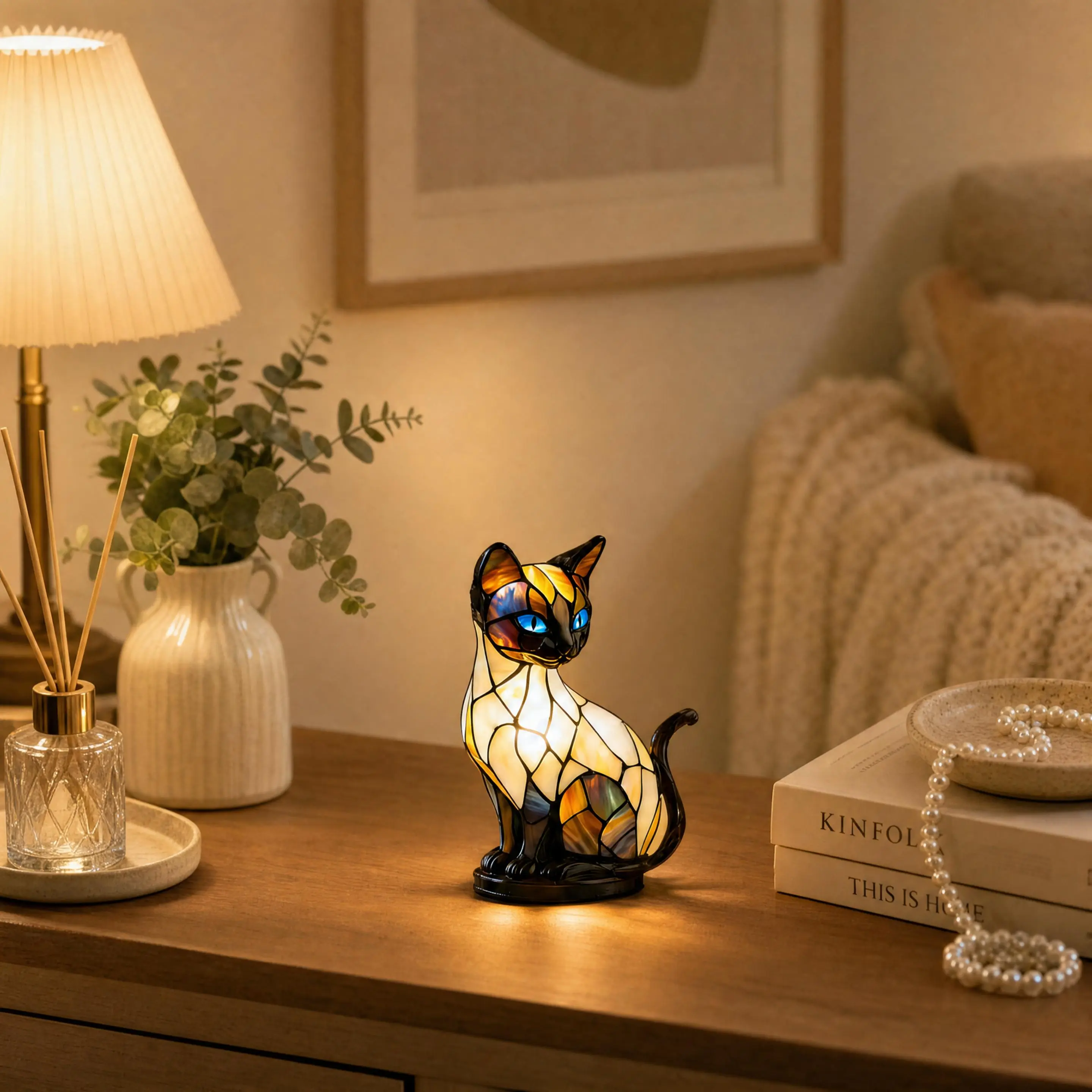 Resin Siamese Cat Night Light, Tiffany Stained Glass Effect Cat Table Lamp, Cute Animal LED Lamp, Healing Desktop Atmosphere Light For Bedroom Home Decor Gift