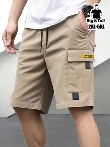 Plus-Size Cargo Shorts with Multiple Pockets, Featuring Contrasting Label Decorations, Casual Style, Drawstring Elastic Waist, Breathable Summer Streetwear Shorts, Plus Size, Man