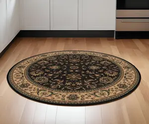 HomeRoots 574179 6 ft. Oriental Power Loom Black & Ivory Circle Area Rug, Traditional Style, Circle Area Rugs, Traditional Area Rugs