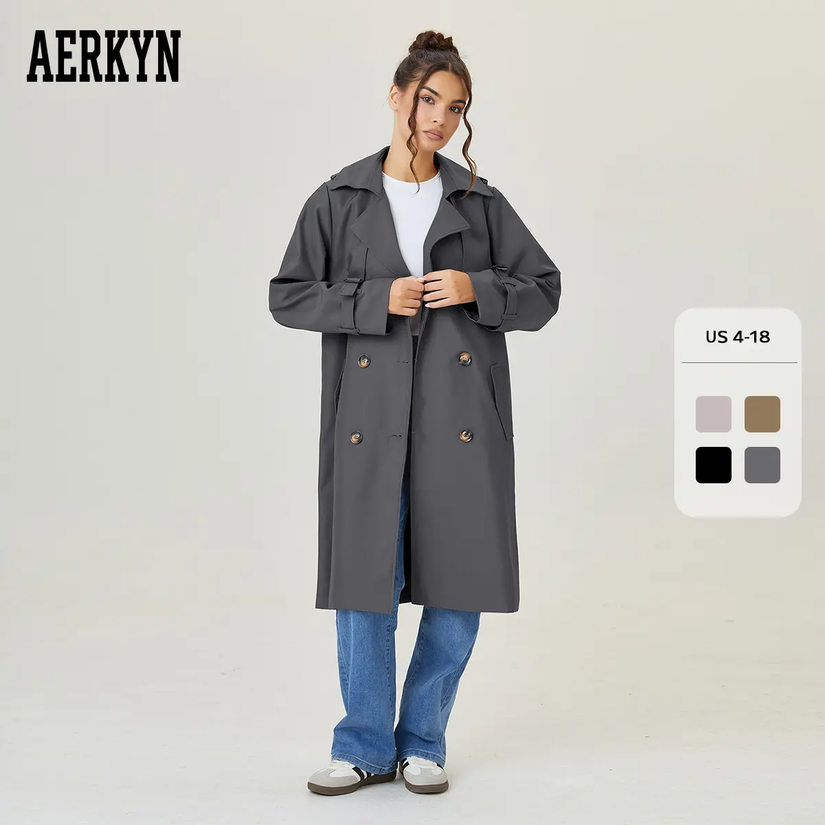 Women's Classy Notch Lapel Double Breasted Detachable Belt Trench Coat, Fall & Winter Wrap Tie Waist Outerwear Jacket, Solid Color Trench Coat (US)