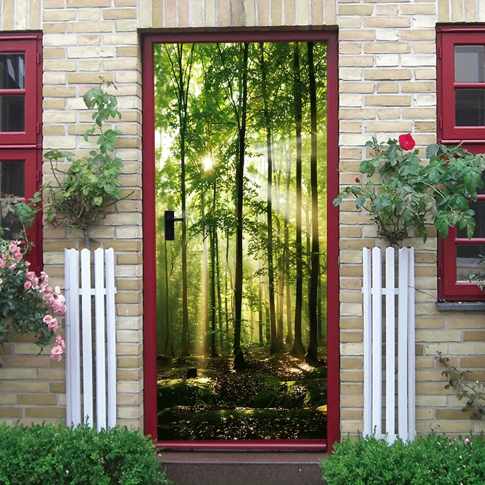 2pcs Forest Morning Sunlight Tree Wall Sticker Natural Scenery Living Room BedroomDecoration Sticker Environmental Protection Removable Self Adhesive Wallpaper Mural
