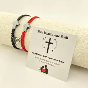 GODISS Couples Promise Bracelets Two Inspirational Christian Cross Bracelets Magnetic Heart Jesus Bracelet Friendship Red & Black Rope Braided Adjustable Design Christian Baptism Valentine's Day Gift Family Love