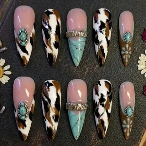 Handmade Western Turquoise & Cow Print Press On Nails | 3D Gold Lion Head and Stacked Rings | Boho Safari Tribal Nail Set