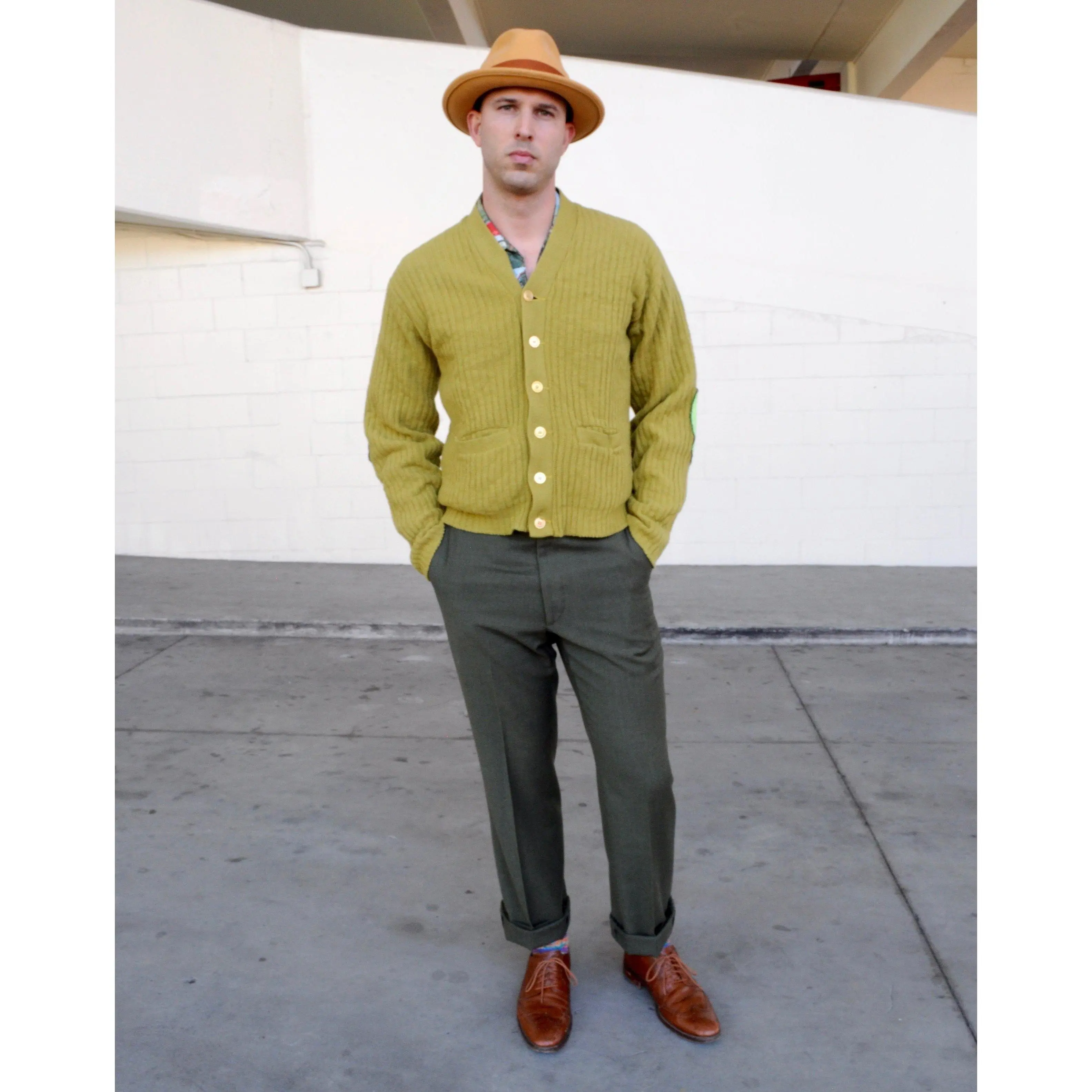 VINTAGE 60S CAMPUS CONTINENTAL RIBBED PUKE GREEN KNIT CARDIGAN SWEATER WITH HANDMADE AVOCADO ELBOW PATCHES