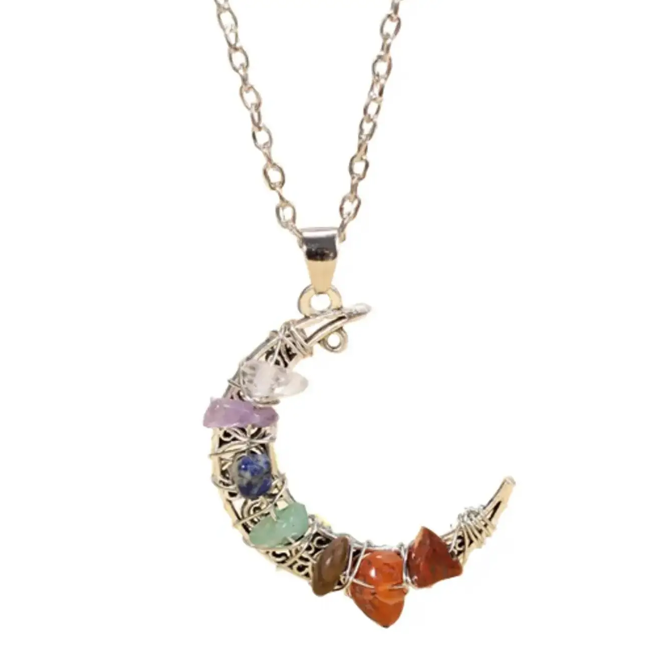 Gorgeous Seven Chakras Moon Pentagram Crystal Necklace for Women Boho Irregular Chakra Crystal Healing Stone Pendant Necklace Popular Necklace For Eve