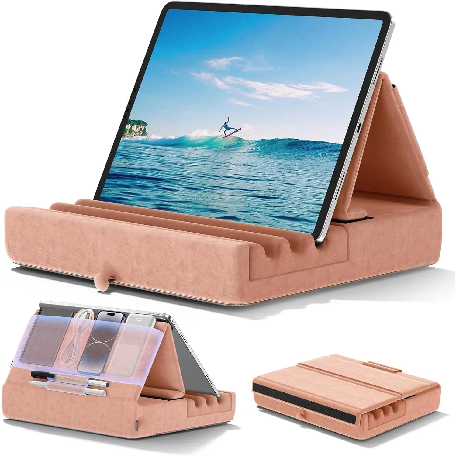 Foldable Adjustable Tablet Pillow Holder Stand - Soft Pad Dock with Pocket, Stylus Mount, Tablet Phone Stand Accessories for Lap, Bed, Compatible with iPad Pro 12.9/10.5/9.7, Air, Mini 6/5/4/3, E-Reader, S7, Surface Pro, Folding, Smartphone