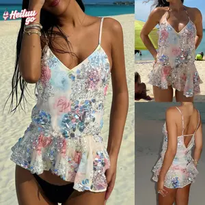 Women's Summer Sequin Camisole Floral Print Spaghetti Strap V-Neck Mesh Tank Tops Streetwear