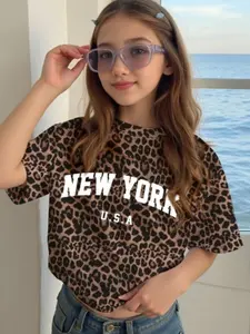 Summer Fashion Set for Active Children, Leopard Colorblock Print, Casual Outdoor Sports T-Shirt, Loose-Fitting, No Collar