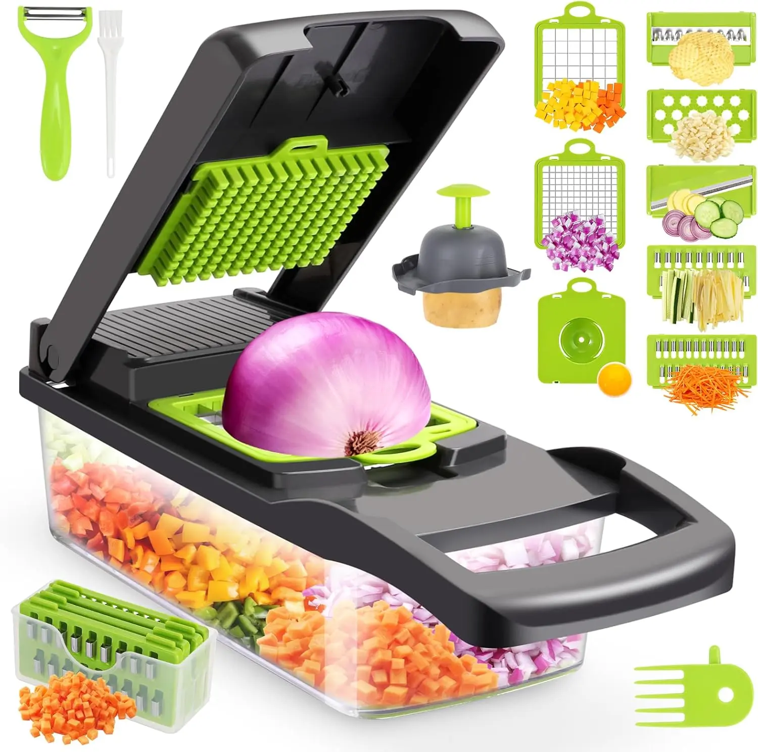 11-in-1 Kitchen Utensils Vegetable Chopper Mandoline Slicer with Sharp Blade, Cheese Grater, Dicer & Storage Basket for Potato, Onion, Veggies - Gray