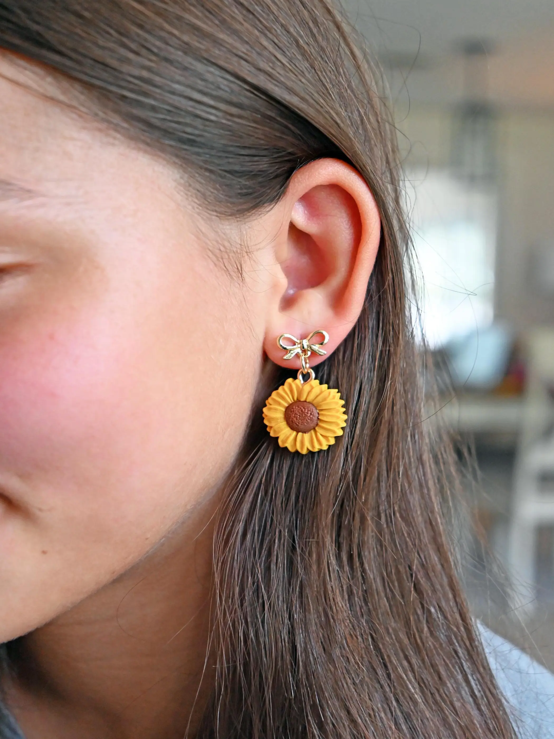 Sunflower Polymer Clay Earrings with Gold Metal Bow Studs Handmade Sunflower Charm Gold Plated Stainless Steel Bow Studs Perfect for Summer Fall Outfits Garden Parties Gifts