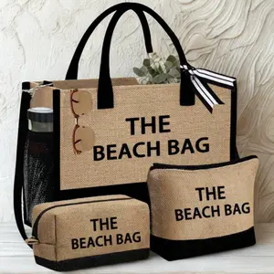 Boatkin Bag, Large Khaki Beach Tote Bag Set – 4-in-1 Vacation Shoulder Bag with Zipper | Durable Polyester, Double Handle, Letter Print