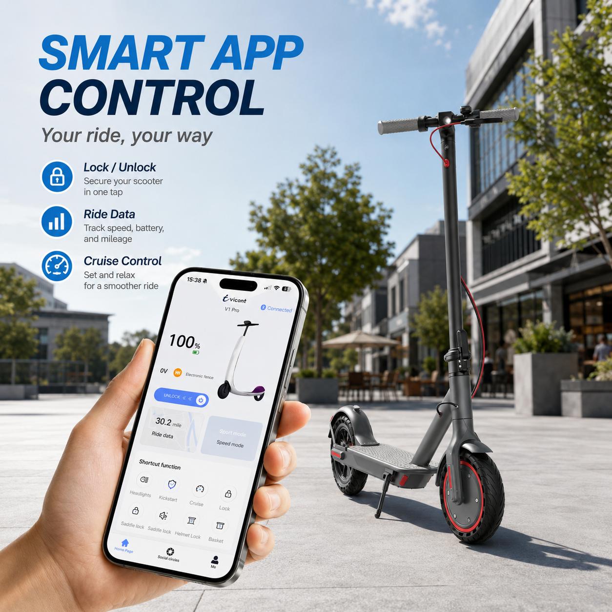 350W Brushless Motor Foldable Adult Electric Scooter, 19 Miles Range Smart App Control Commuter E-Scooter with LCD Display