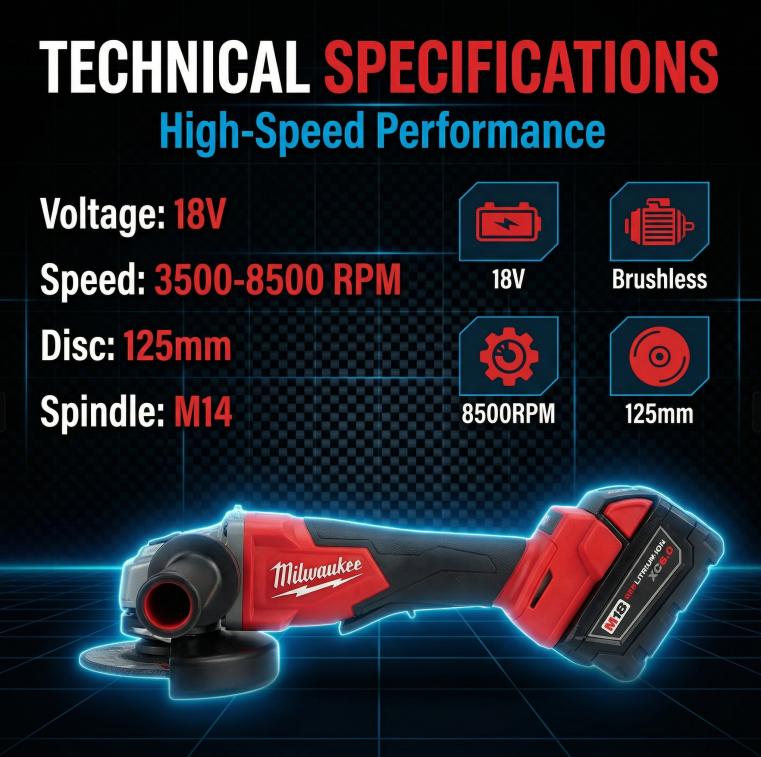 Milwaukee M18 brushless 125mm cordless angle grinder, 1suitable for metalworking and masonry cutting, M14 spindle, 8500RPM variable speed, non-locking paddle switch safety function, maximum cutting depth 33mm, includes battery and charger.
