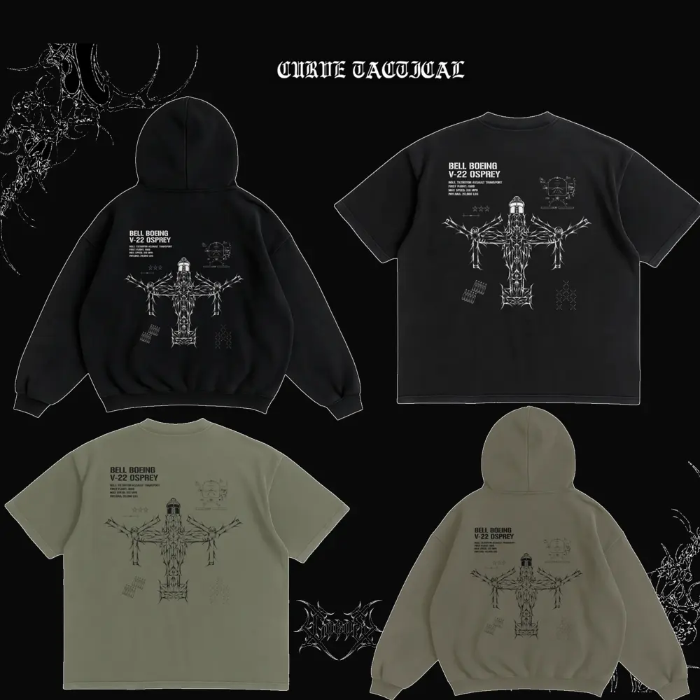 Curve Tactical V-22 Osprey Graphic Hoodie & T-Shirt | Military Aircraft Streetwear | Gothic Tactical Oversized Unisex Pullover | Black Olive Green | Y2K Grunge Aesthetic Top