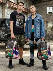 American Cartoon Bear Graffiti Checkered Backpack, Lightweight Breathable Student Bag, 15.6 Inch Laptop Backpack, Unisex Daily Commute
