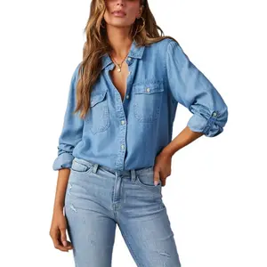 Women’s long-sleeve denim shirts, solid color turn-down collar jean blouses, loose casual spring streetwear tops