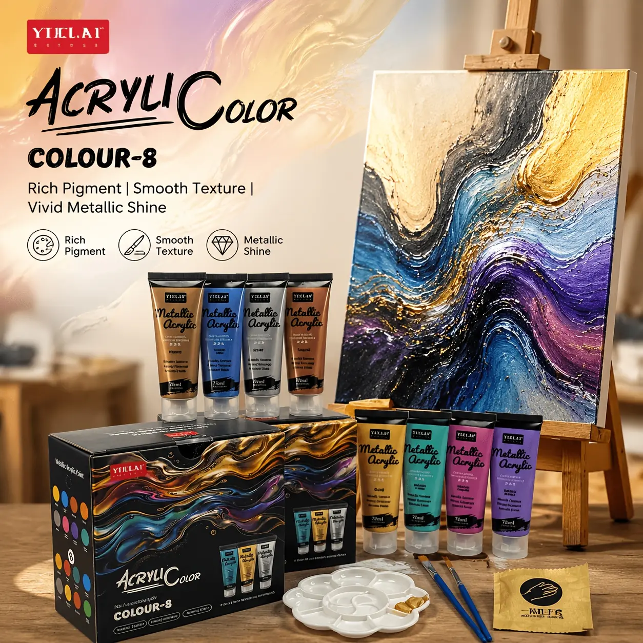 Metallic Acrylic Paint Set for Hand Painting - 8 Pcs 75ml Tubes, 2 Brushes, 1 Palette, 1 Pair Disposable Gloves, Rich Gold Tones, Bright Color Palette (Toys & Hobbies Building/Classic Novelty Toys Supplies)