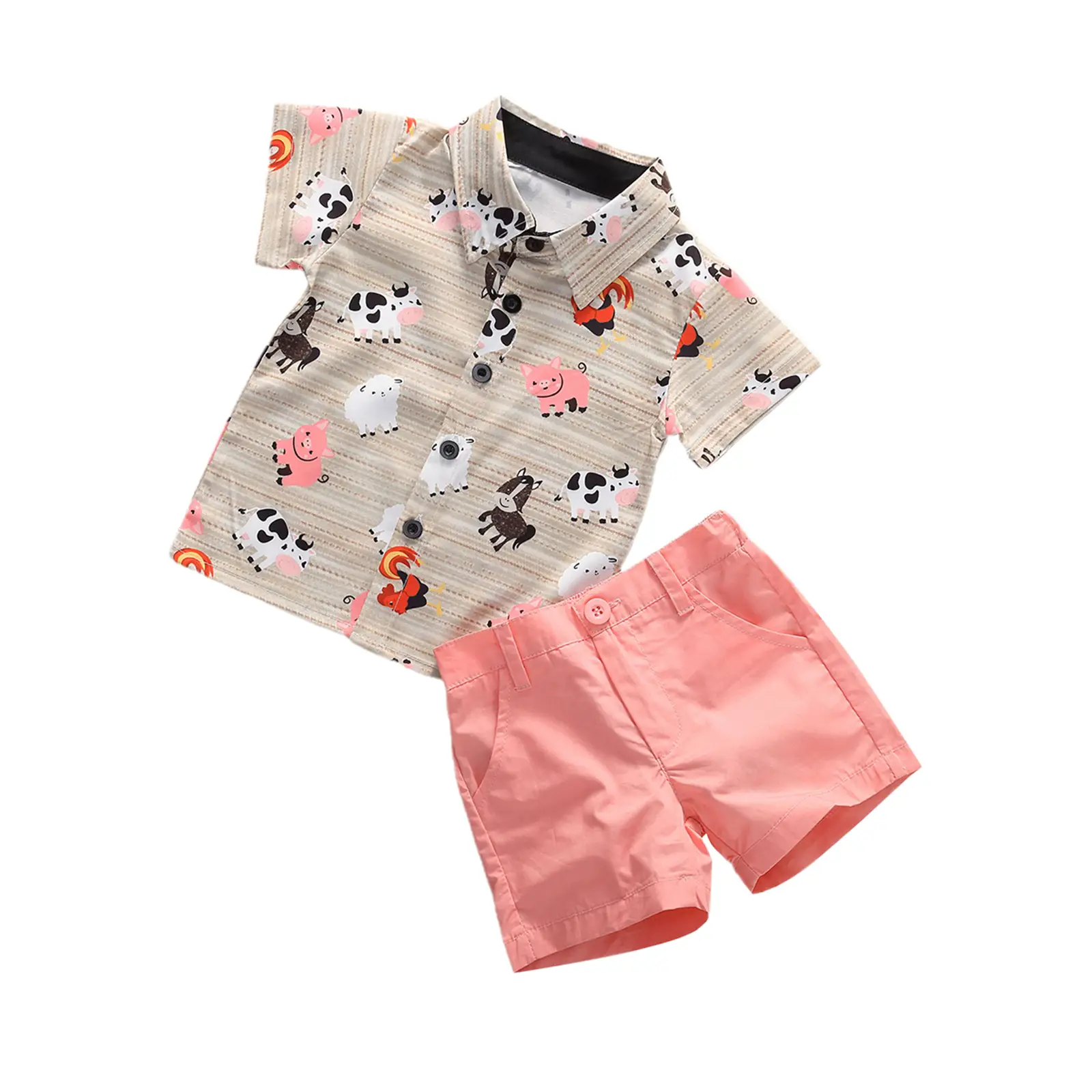 Toddler Boy Summer Clothes Set | Short Sleeve Printed Button Shirt + Solid Color Shorts Outfit