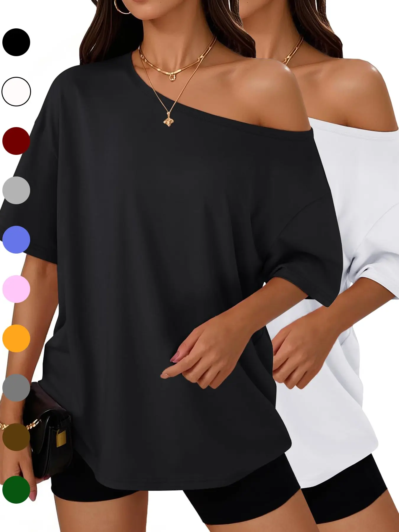 Women's Summer Shoulder-Exposed Sleepwear Set, Loose Fit Short Sleeve T-Shirt, Casual Home Wear, Outdoor Use, Loungewear, 1 Piece, Loose Lounge Clothes