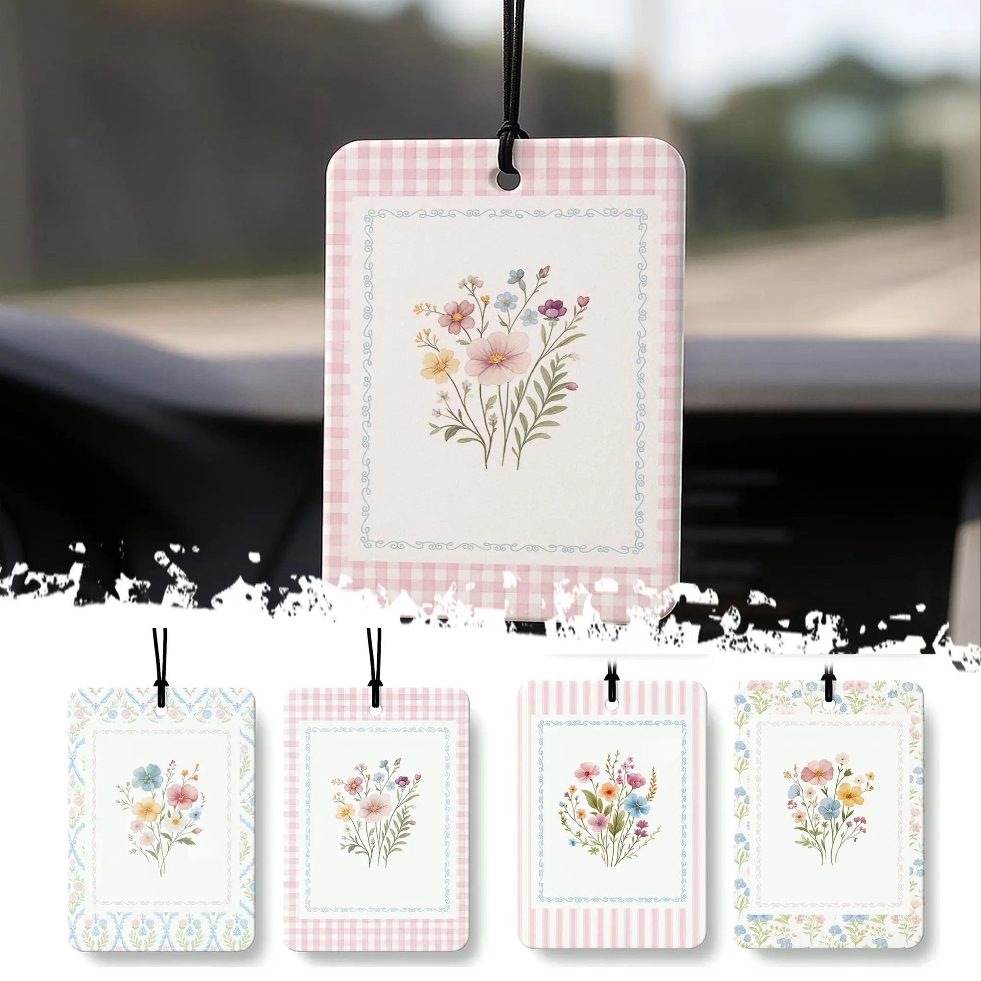DIBMS Retro Rustic Floral Car Air Freshener 4 Pcs Coconut Scented, Cute Girly Car Accessories Mirror Decor for Women, Cottagecore Flower Aesthetic Hanging Air Freshener for Cars Closet Drawer Books