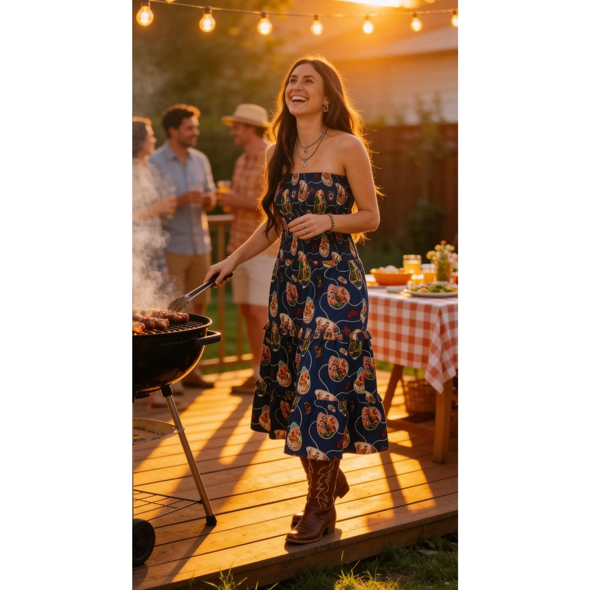 LUCKY & BLESSED Navy Retro Rodeo Print Smocked Strapless Western Midi Dress — Flowy Tiered Skirt with Vintage Rodeo Print