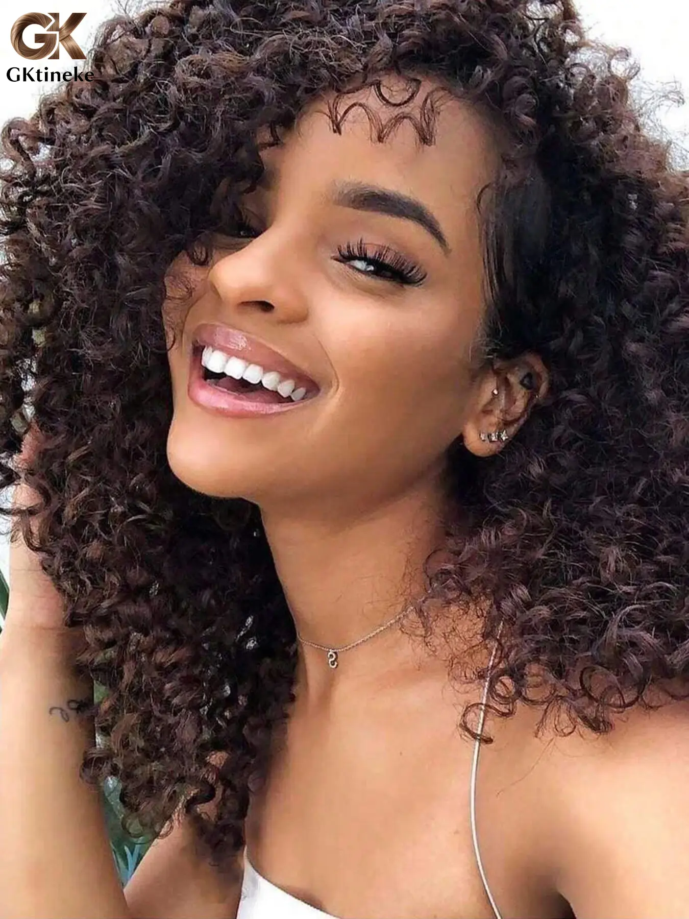 Gktineke Curly Synthetic Wig Spring curl side part wig Machine Made Wigs Without Bangs 14 Inch Brown Medium Length Wigs, Suitable for Role Playing and Daily Use, Hair Style, Kinky Curly Wig