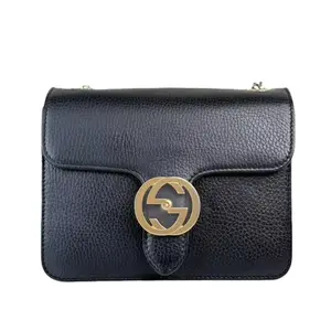 Pre-owned GUCCI Leather Crossbody Bags Black Interlocking Shoulder Crossbody Bag with Gold GG Logo and Adjustable Strap