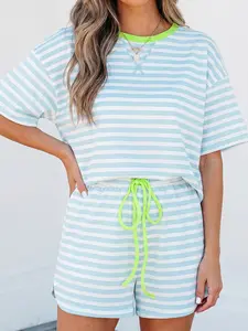Trendy Sky Blue Striped Contrast Neck Loose Short Sleeve Tee and High Waisted Drawstring Casual Shorts Two Piece Set Cozy Lounge Matching Tracksuit