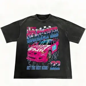 180g[100%cotton]Retro Y2K Cosmic Speed Race Car Graphic Oversized T-Shirt, Vintage Washed Pink Racing Car Print Streetwear Tee, Casual Short Sleeve Top for Women Men