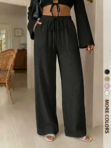 Effortless Textured Cotton Wide Leg Pants – Aesthetic High Waist Drawstring Trousers, Trendy Clean Girl Style Flowy Slacks for Summer Vacation | Breezy Crinkle Gauze Bottoms