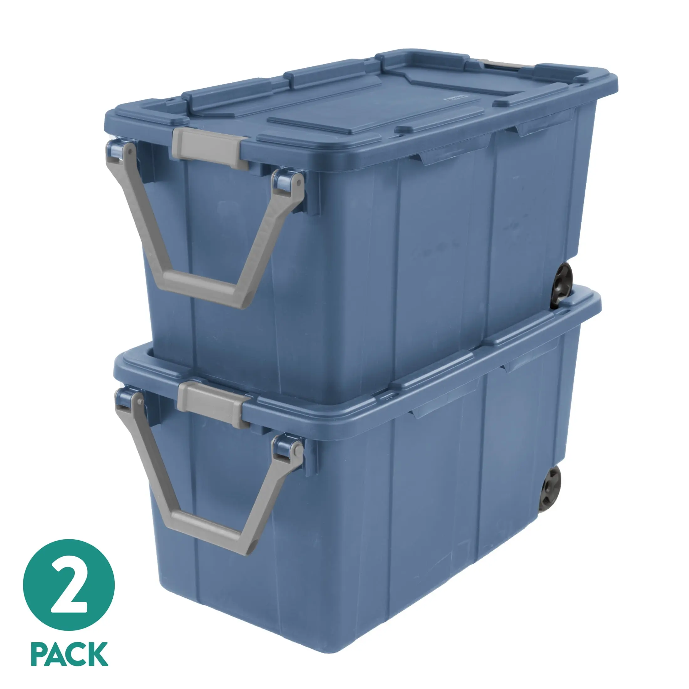 Sterilite Extra-Large Wheeled Industrial Storage Bin, 40 Gallon Durable Plastic Storage Tote with Latching Lid and Pull Handle, Blue, 2 Pack