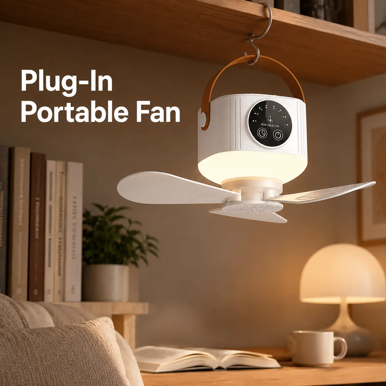 Small Hanging Fan with Night Light and Remote Control, Plug-In Portable Fan with 3 Speeds and Timer for Bedroom and Kitchen