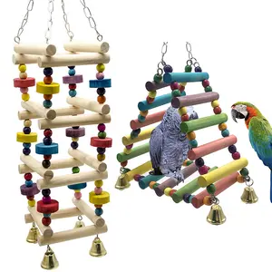 Wooden Bird Play Gym Swinging Ladder Bridge with Bell Rainbow Parrot Perch Stand Cage Climbing Toy for Parakeets Cockatiels Conures