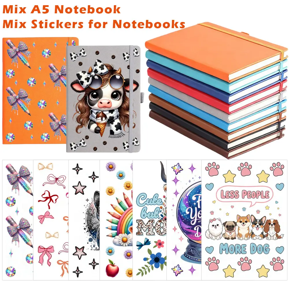 13pcs Lined Journal Notebooks & Sticker Set, Include 3pc Notebook, 10pcs UV DTF Notebook Wraps, 180 Pages, 5.5"x8.3", Hardcover, A5 Medium College Ruled, Journaling/Note-taking/DIY, Ideal as UV-DTF Sticker summerwins