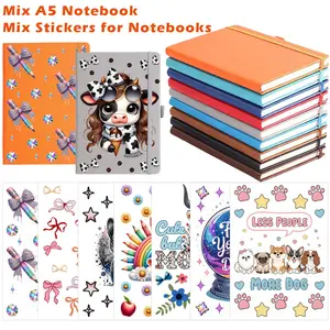 13pcs Lined Journal Notebooks & Sticker Set, Include 3pc Notebook, 10pcs UV DTF Notebook Wraps, 180 Pages, 5.5"x8.3", Hardcover, A5 Medium College Ruled, Journaling/Note-taking/DIY, Ideal as UV-DTF Sticker