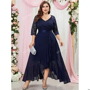 Dress Party Formal Wrap Ruffle Chiffon Contrast Plus Lace Trim Hem